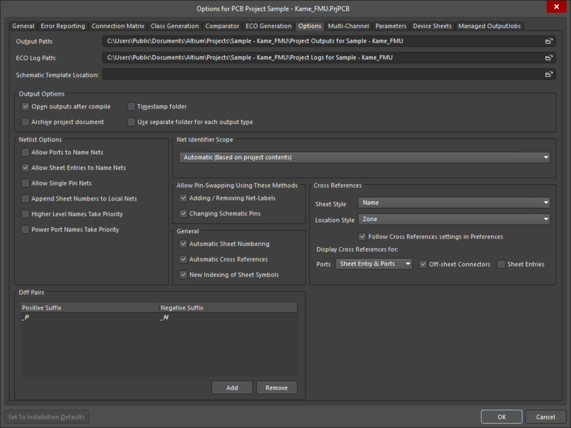 The Options tab of the Project Options dialog