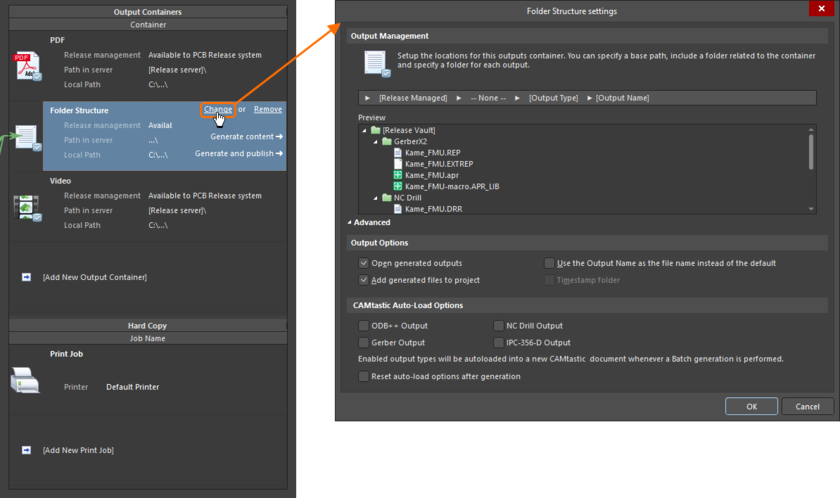 Configure the settings of an output container / print job in the associated dialog.