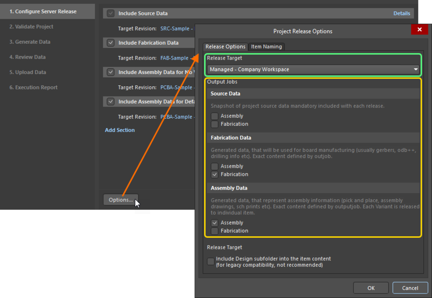 Configure release options in the Project Release Options dialog.