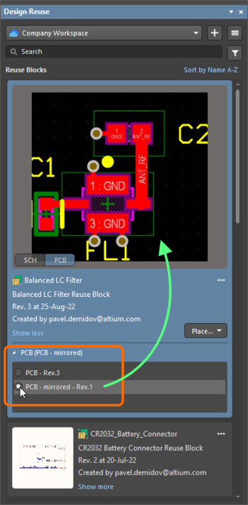 Select a PCB model to be placed with the reuse block to present its preview.