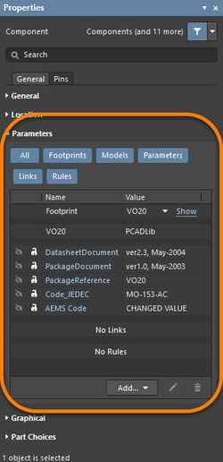 Left: Component user parameters in the Properties panel (Parameters tab). Right: An individual system parameter in the Properties panel.