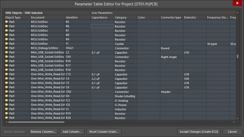 The Parameter Table Editor dialog can be used to edit all of the parameters across all of the components.