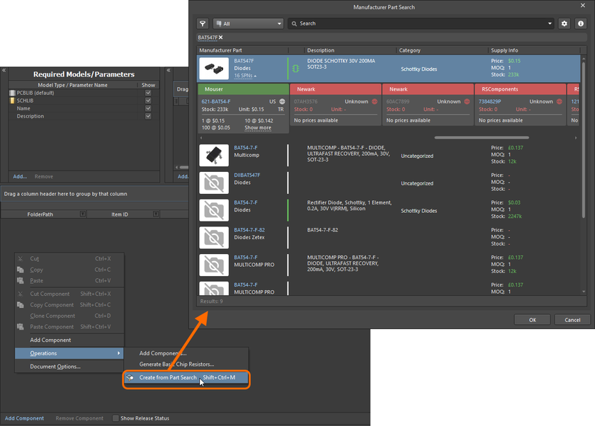 Access the Manufacturer Part Search dialog, and search for a part you'd like to bring in to the Component Editor.