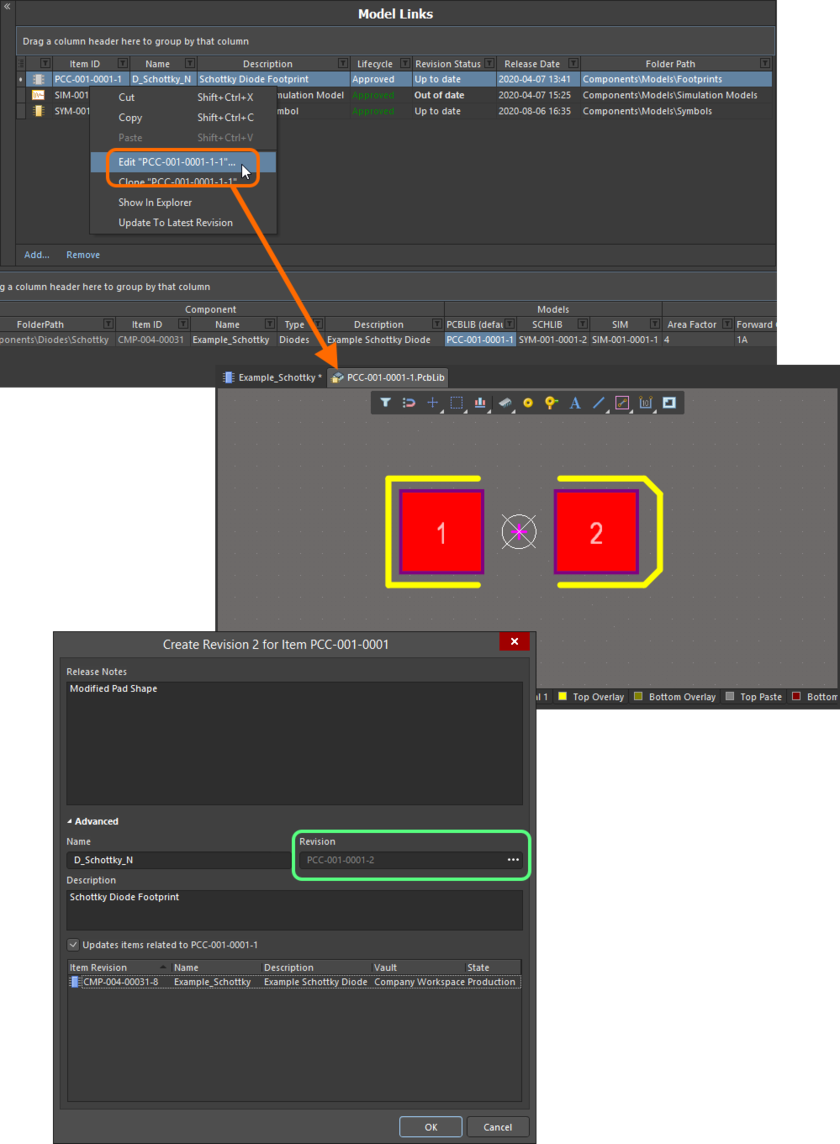 Edit and save a model directly from the Model Links region of the Component Editor.
