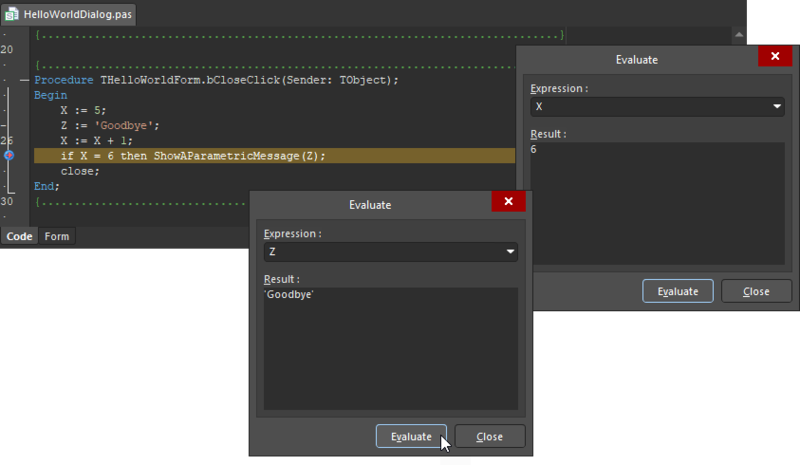 A script in breakpoint mode with the Evaluate dialog activated.
