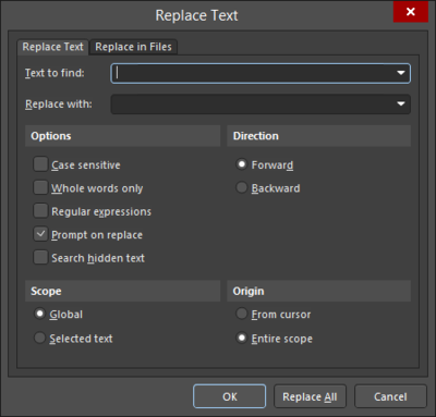 The Replace Text dialog