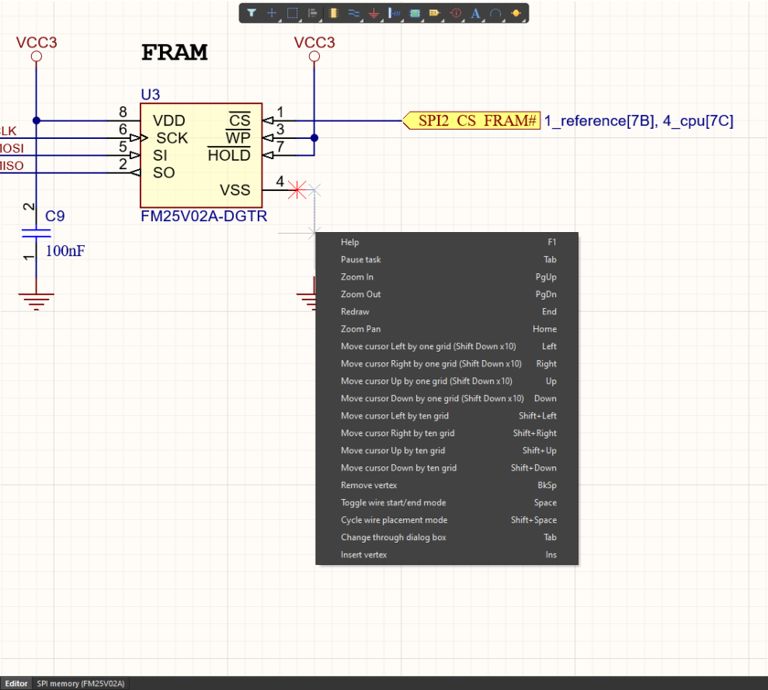Use the Shift+F1 shortcuts menu to refresh your memory about the shortcuts available or use it in the traditional menu sense to select the required option with the mouse. Shown here is the menu when placing a wire on a schematic. Hover over the image to see the menu when interactively routing a connection on a PCB.