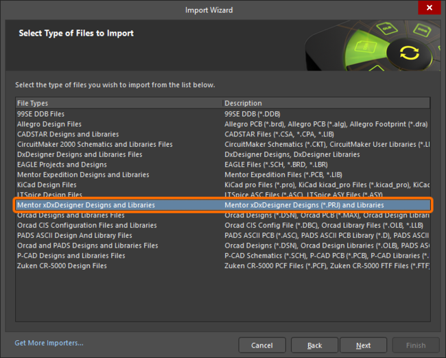 Select Mentor xDxDesigner Designs and Libraries in the Import Wizard to import xDX Designer files.