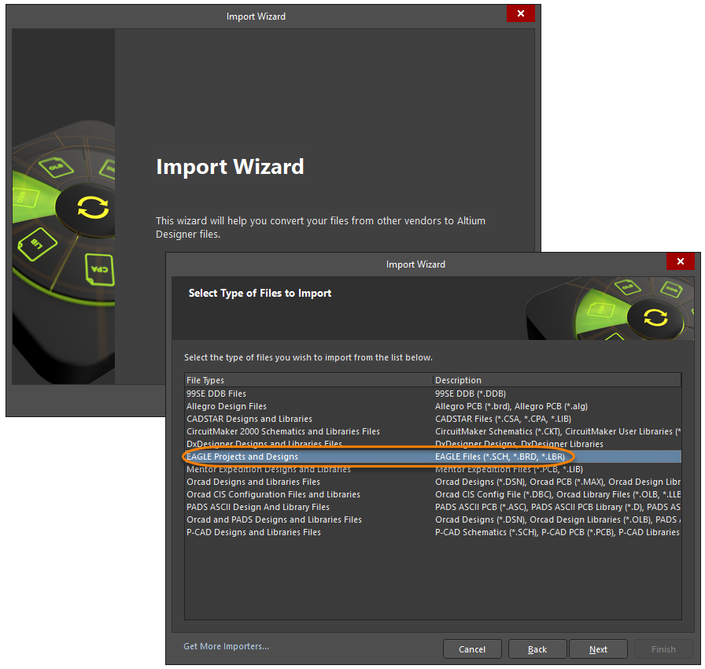 Access the EAGLE Import Wizard  through the Import Wizard dialog.