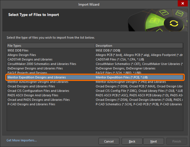 Select Mentor Expedition Designs and Libraries in the Import Wizard to import Xpedition files.