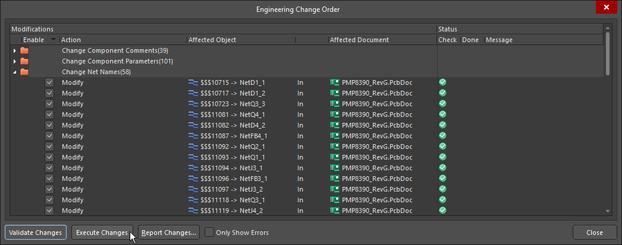 Validate and then Execute the enabled change orders in the Engineering Change Order dialog.