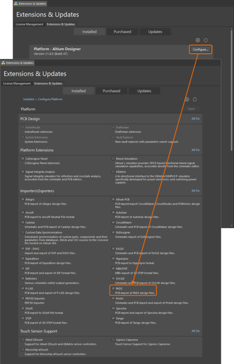 Access the Configure Platform page of the Extensions & Updates view.