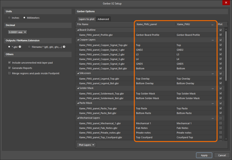 An example of the Gerber X2 Setup dialog for a PCB document that contains a panel.