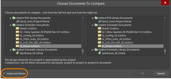 Selecting documents for physical comparison from the Choose Documents To Compare dialog in Advanced Mode.