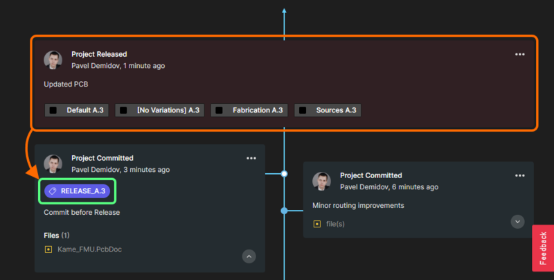 Example Project Released event tile in the project's History view. Since the latest project commit had no tag, it was tagged after the release.
