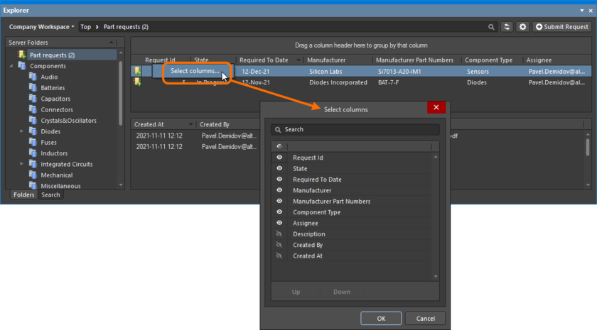 The Select Columns dialog is control central for defining which data is presented in the Part requests folder.