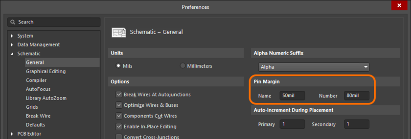 Set the distance of the pin text (Pin Margin) in the Preferences dialog.