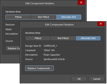 The Edit Component Variation dialog with Alternate Part selected, and Use server Component unchecked