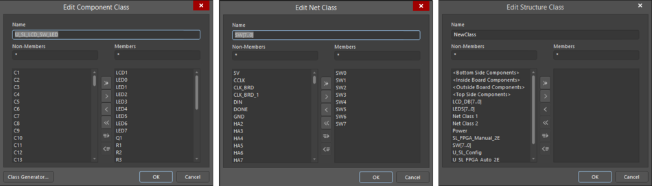 Three variations of the Edit Object Class dialog