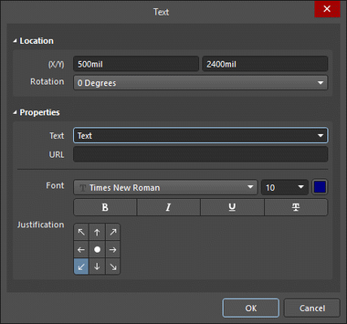 The Text dialog, on the left, and the Text mode of the Properties panel on the right