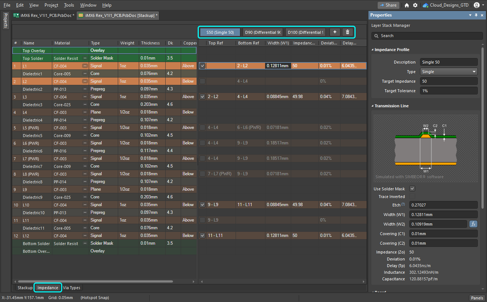 Impedance profiles are added and configured in the Impedance tab of the Layer Stack Manager