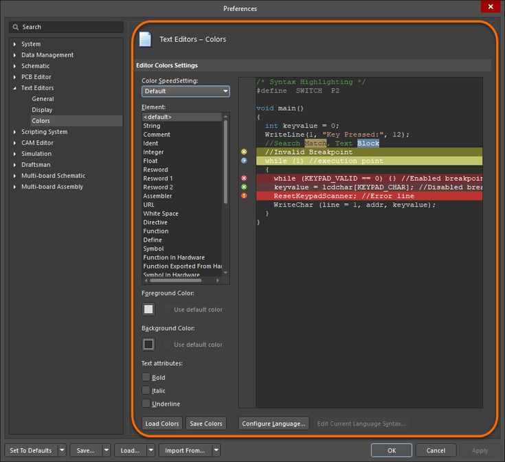 The Text Editors – Colors page of the Preferences dialog