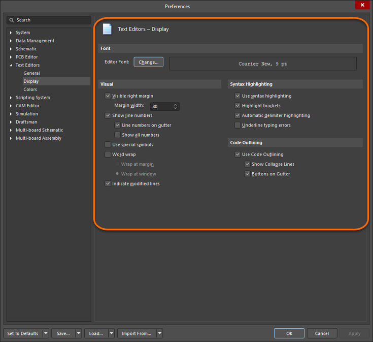 The Text Editors – Display page of the Preferences dialog