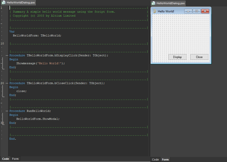 A Script Form with a Code and a Form tab opened.