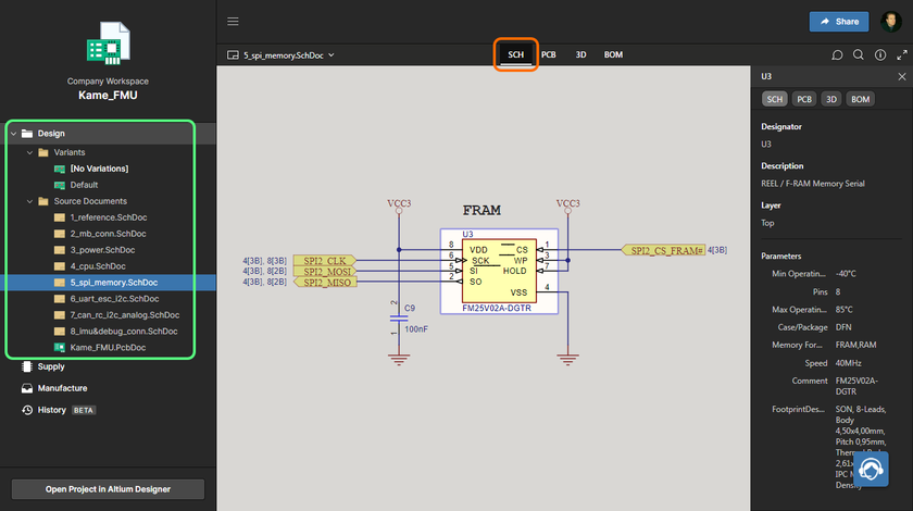 Workspace's Web Viewer interface provides an immersive and interactive experience for reviewing, for example, the source schematic and PCB documents in your design project. Shown here is a schematic in Altium 365's Web Viewer interface – hover over the image to see the PCB (in 3D).