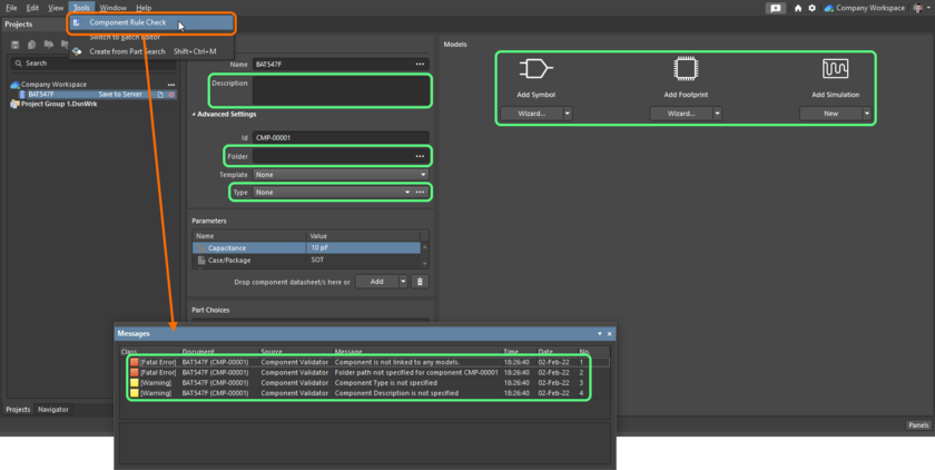 Detecting issues with a component prior to saving to the Workspace. Shown here is running the Component Rule Check command from the Component Editor in its Single Component Editing mode. Hover the cursor over the image to see running the command from the Component Editor in its Batch Component Editing mode.