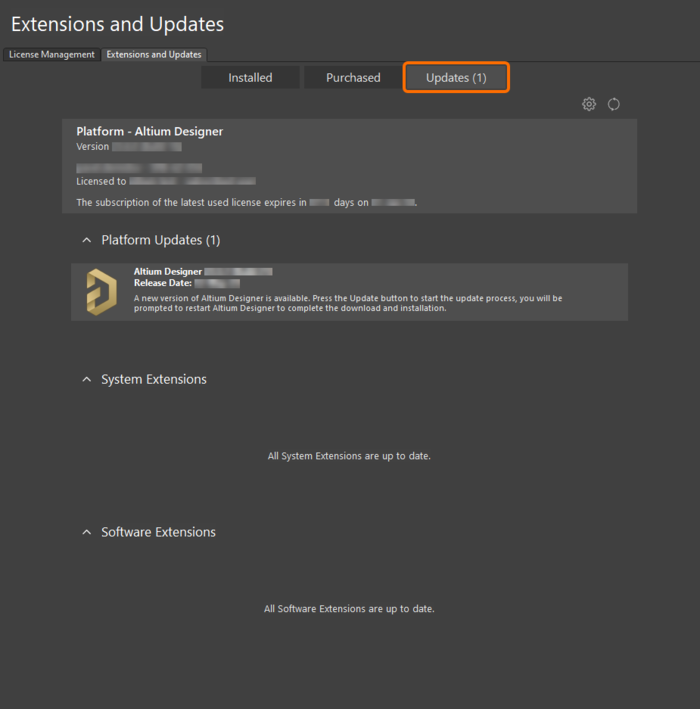Browse whether any currently installed extensions or the main platform have an update available.