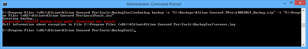When backing up or restoring your Altium Concord Pro installation, details of any errors are presented directly in the CMD window, and written to the errors.log file.