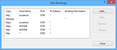 Configure bindings through the Site Bindings dialog.