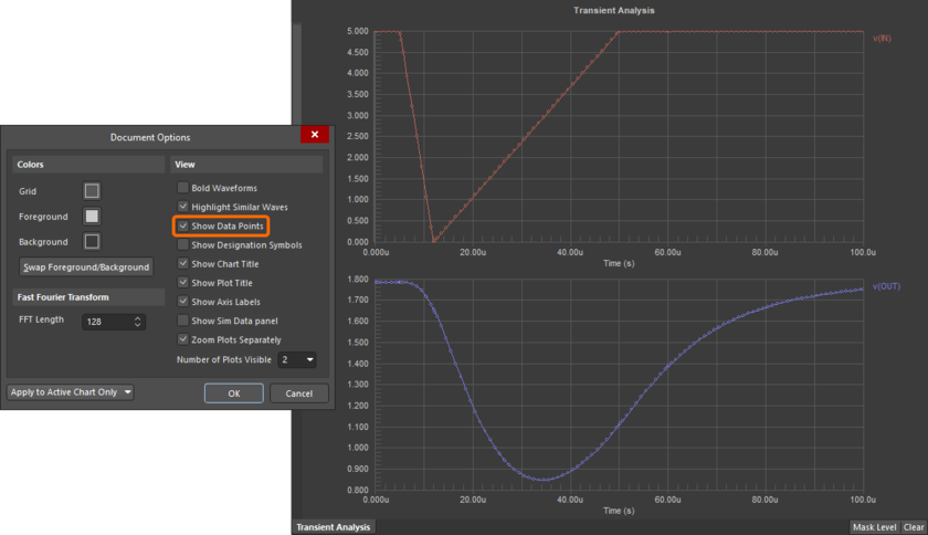 Use the Show Data Points option to visualize the accuracy of the waveforms.