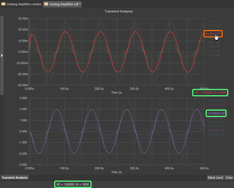 Click a waveform for a specific pass to see its parameters and highlight other waveforms related to the same pass.