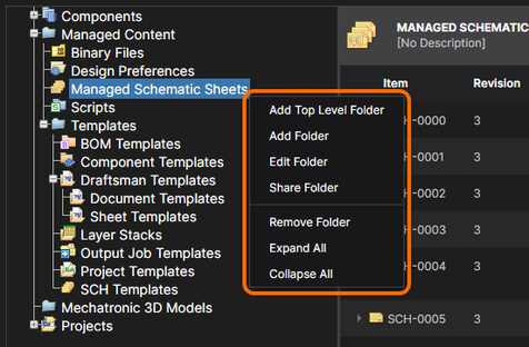 Access folder structure management commands from the right-click menu.