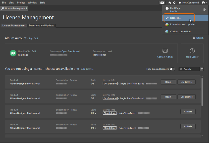 Access the License Management view from the Current User control menu.
