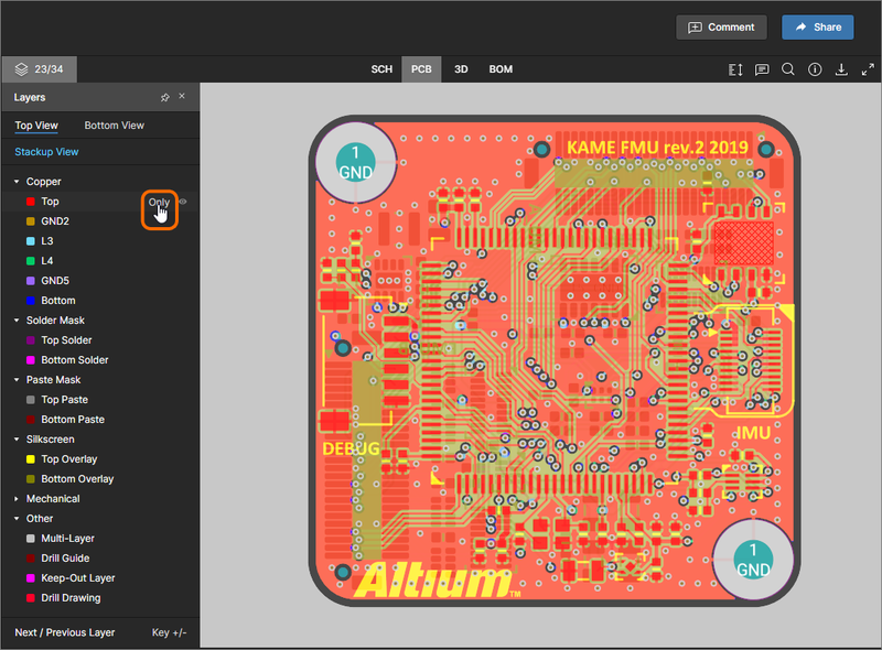 The PCB data view supports single layer mode. Here, access to the Only control is shown.