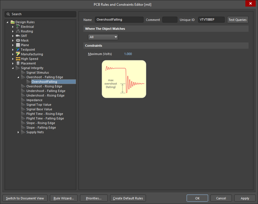 The PCB Rules and Constraint Editor dialog when browsing an Overshoot - Falling Edge design rule