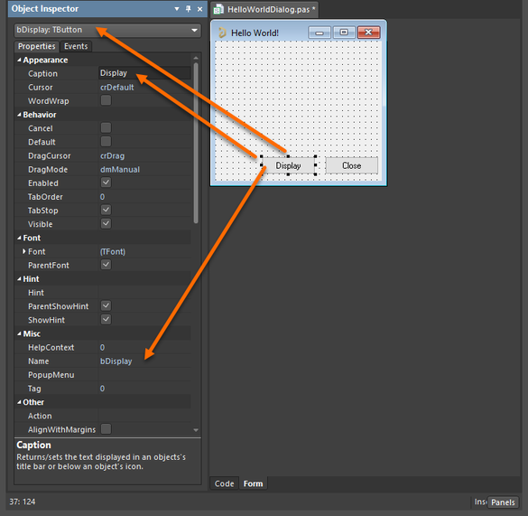 Select a component and edit its properties in the Object Inspector panel.