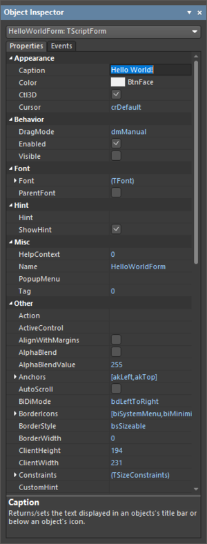Use the Object Inspector panel to configure the form dialog and its action.