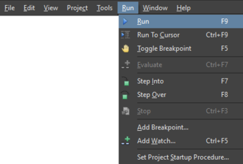 Along with the Run command itself, the dropdown Run menu offers a range of script control and debugging commands.