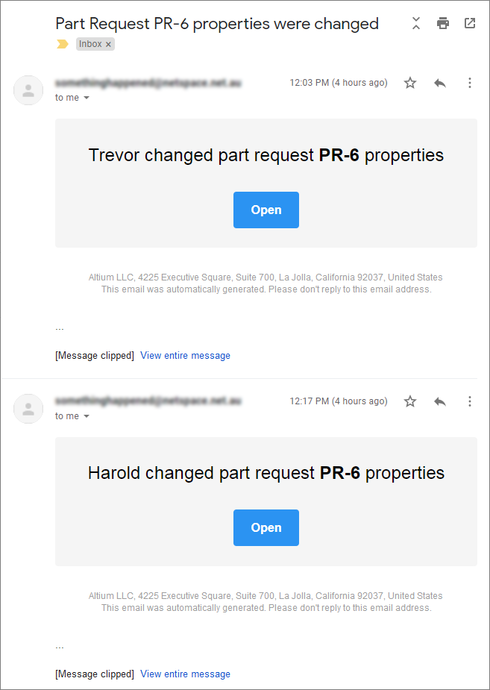 The relevant parties receive notification of part request creation and any updates through email notifications, if this feature is configured and enabled.