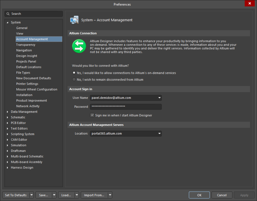 The System – Account Management page of the Preferences dialog