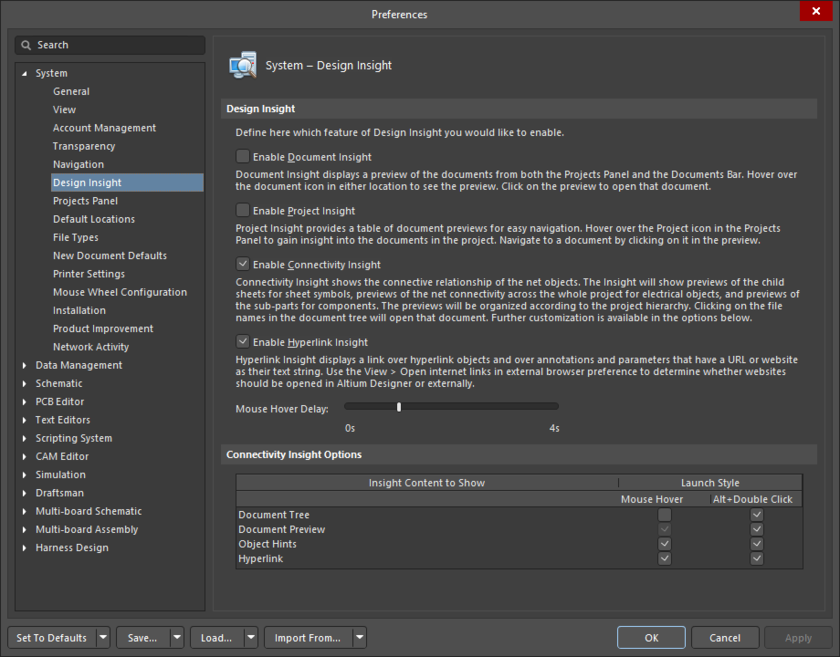 The System – Design Insight page of the Preferences dialog