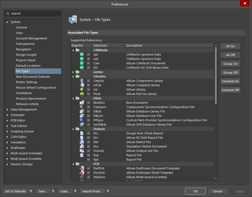 The System – File Types page of the Preferences dialog