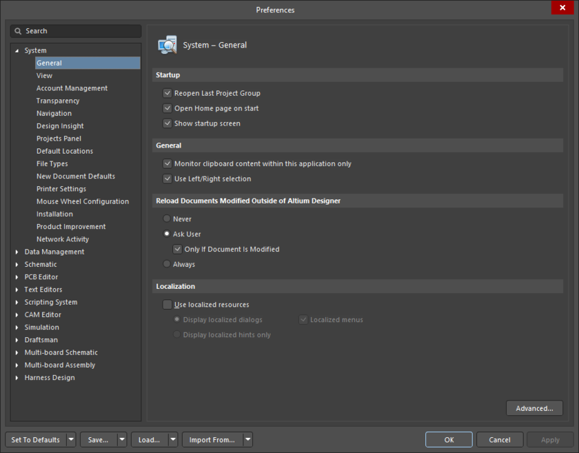 The System – General page of the Preferences dialog