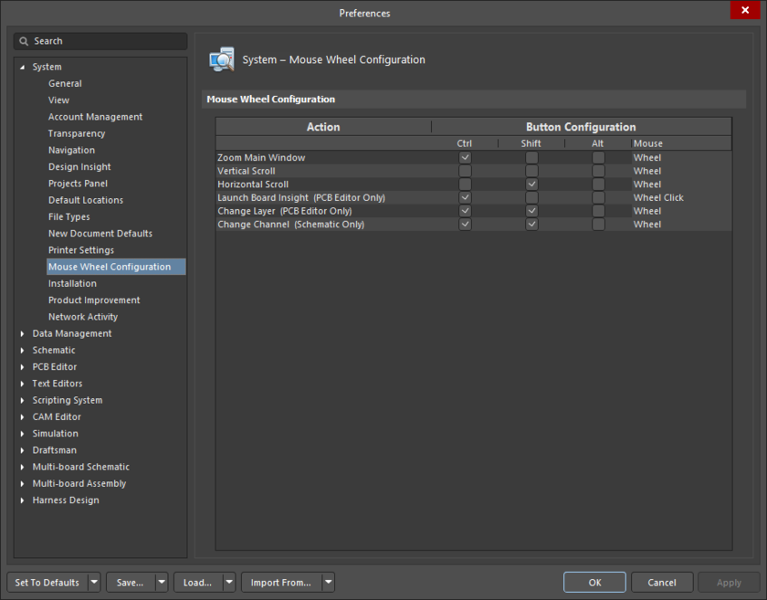 The System – Mouse Wheel Configuration page of the Preferences dialog