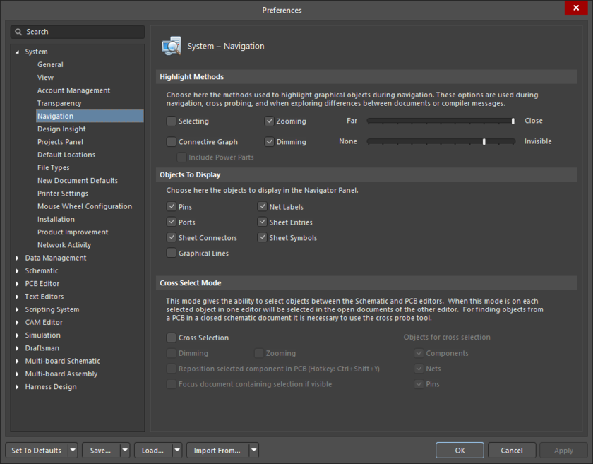 The System – Navigation page of the Preferences dialog