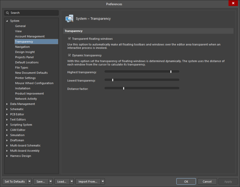 The System – Transparency page of the Preferences dialog